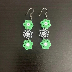 Handmade Perler Bead Lite Green/White/Black Flower Chain Earrings
